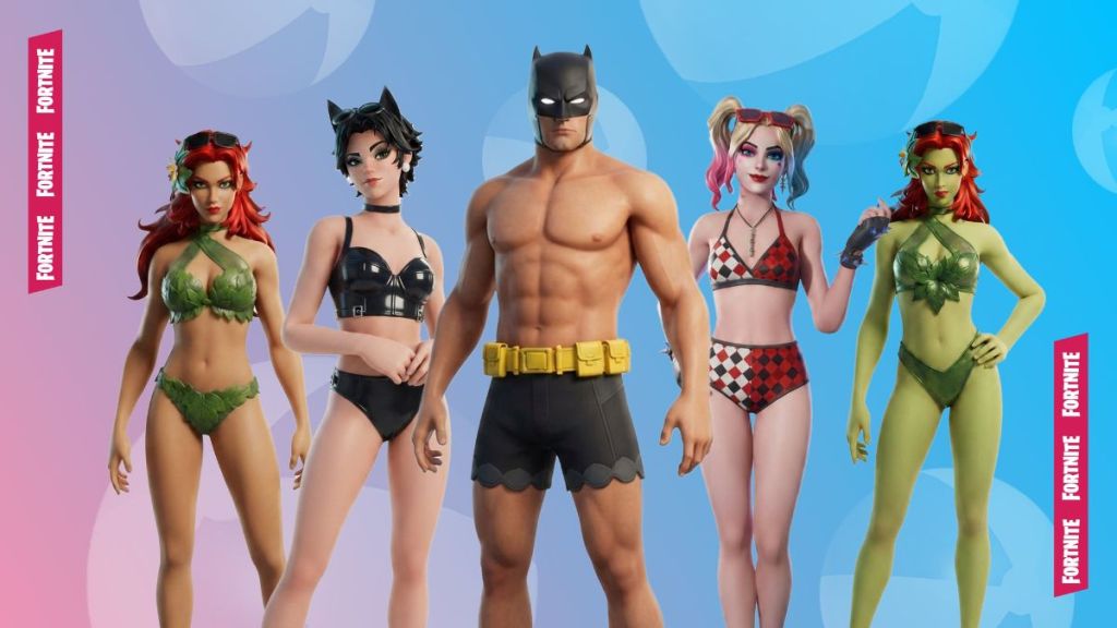 Poison Ivy, Catwoman, Batman, and Harley Quinn as Summer skins in Fortnite DC Hot Bat event