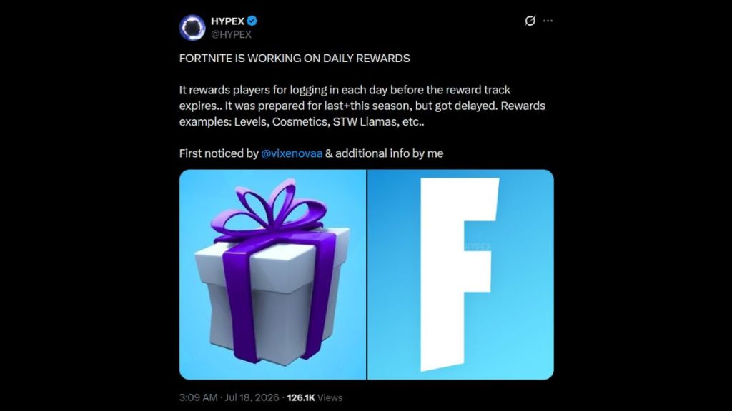 HYPEX X post about the upcoming Fortnite Daily Rewards feature