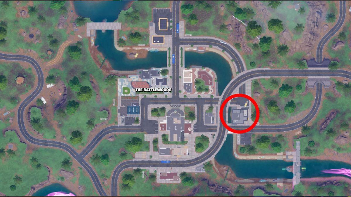 Factory location marked in the Battlewoods POI in Fortnite