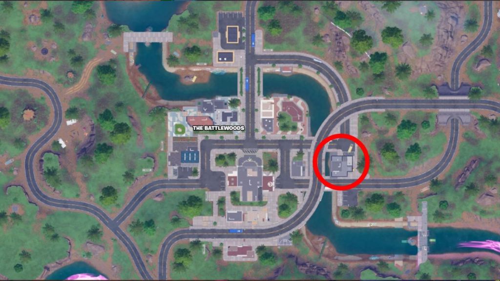 Factory location marked in the Battlewoods POI in Fortnite