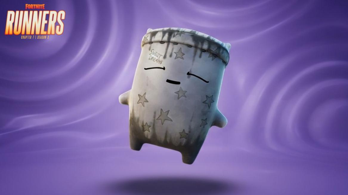 Dream Sprite in front of a purple wavy background with a logo for Fortnite Runners