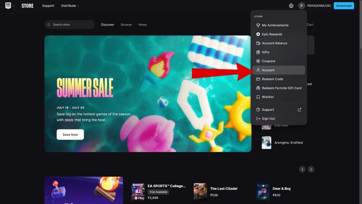 Epic Games Store website with the Account settings highlighted with a red arrow