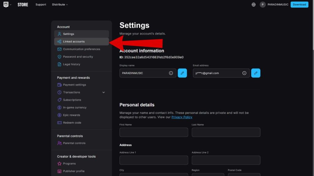 Epic Games Store Account settings with the Linked Accounts section marked with a red arrow
