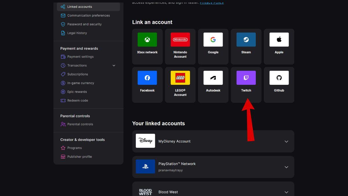 Epic Games Store Linked Accounts section with the Twitch icon marked with a red arrow