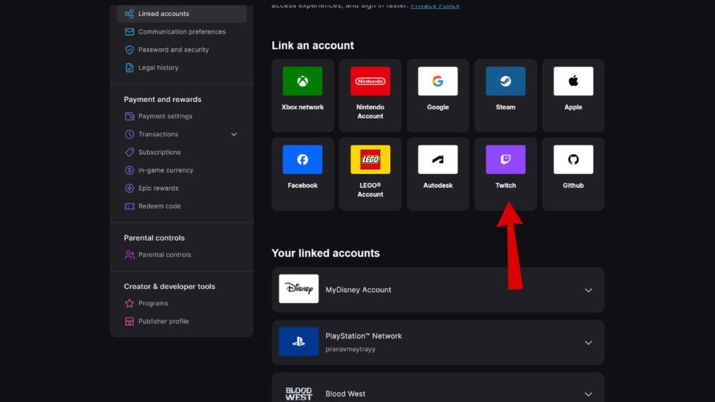 Epic Games Store Linked Accounts section with the Twitch icon marked with a red arrow