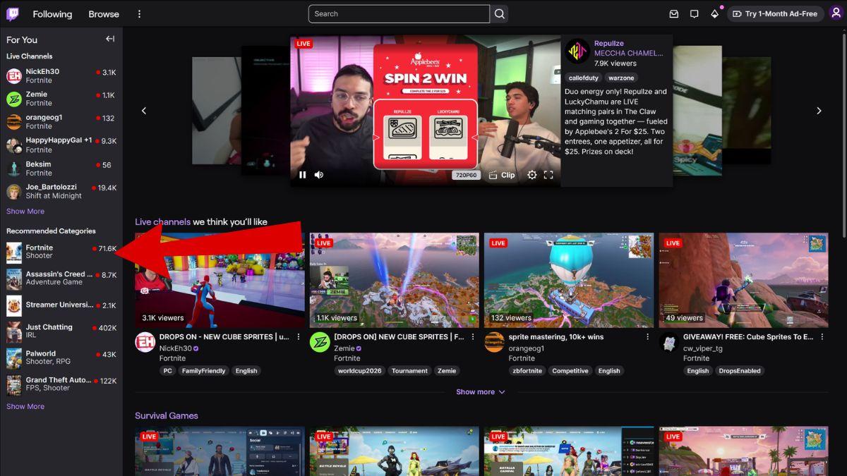 Twitch page with the Fortnite category marked with a red arrow