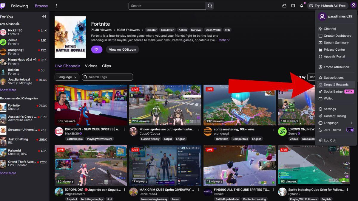 Twitch Drops & Rewards menu highlighted with a red arrow