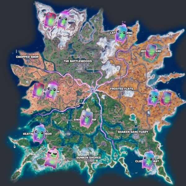 Fortnite Chapter 7 Season 3 with Holofoil Sprites locations marked on it