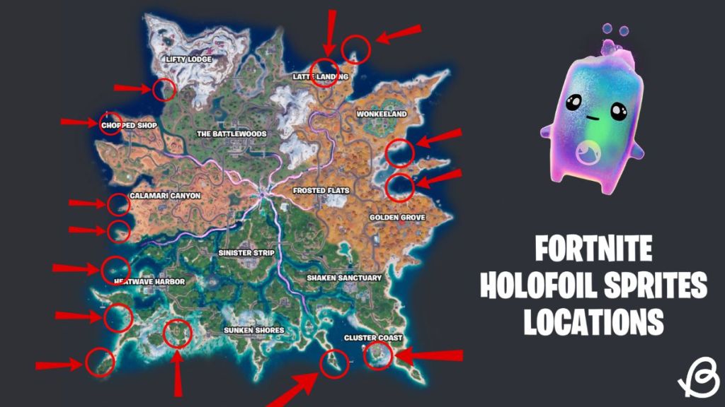 Holofoil Sprites locations marked on the Fortnite Chapter 7 Season 3 map with a Holofoil Water Sprite