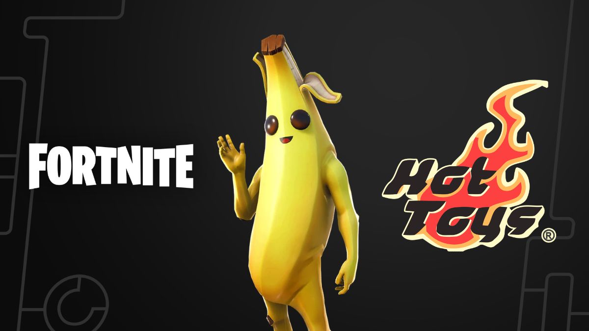 Peely standing between the logos for Fortnite and Hot Toys