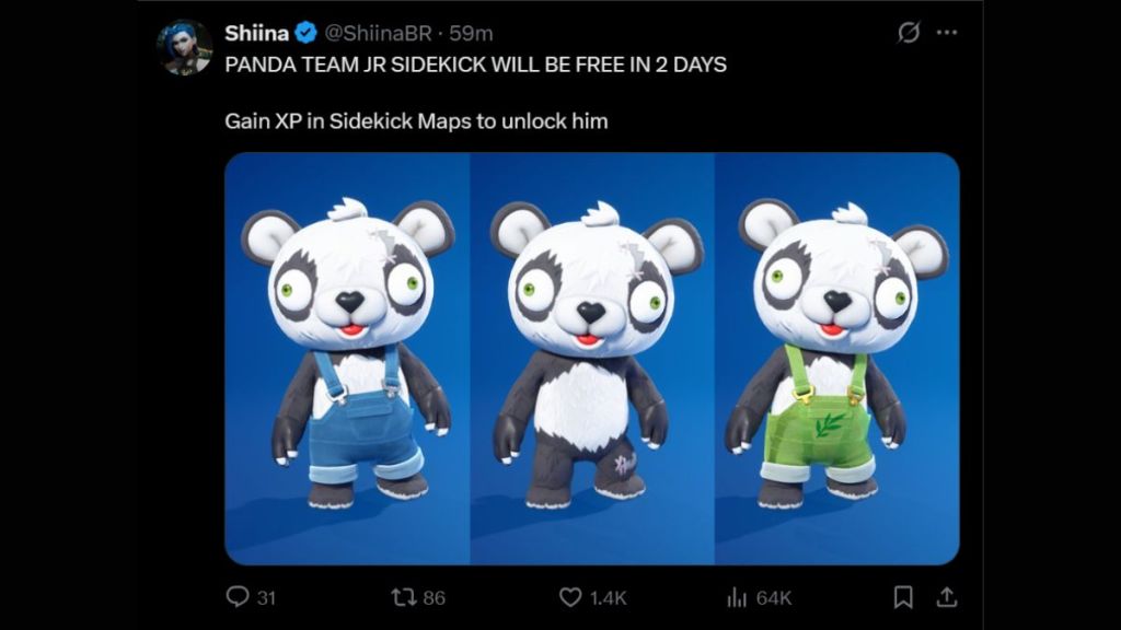 ShiinaBR tweet about the Panda Team Jr Sidekick in Fortnite