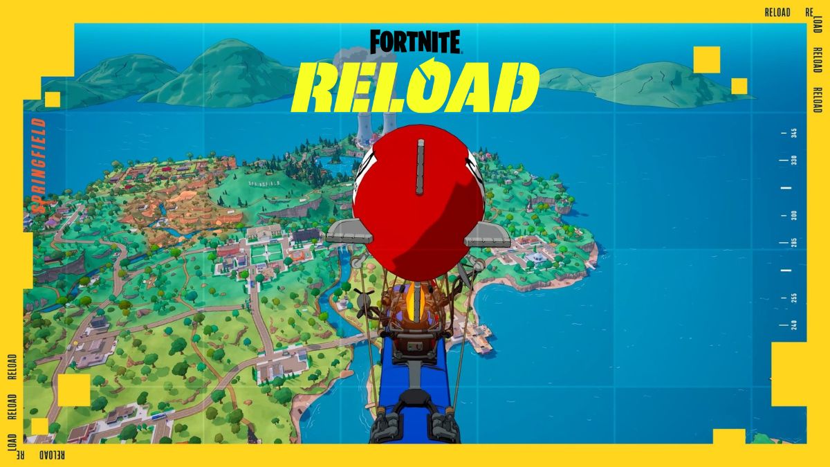 Fortnite Reload Simpsons map with the Battle Bus and Reload logo