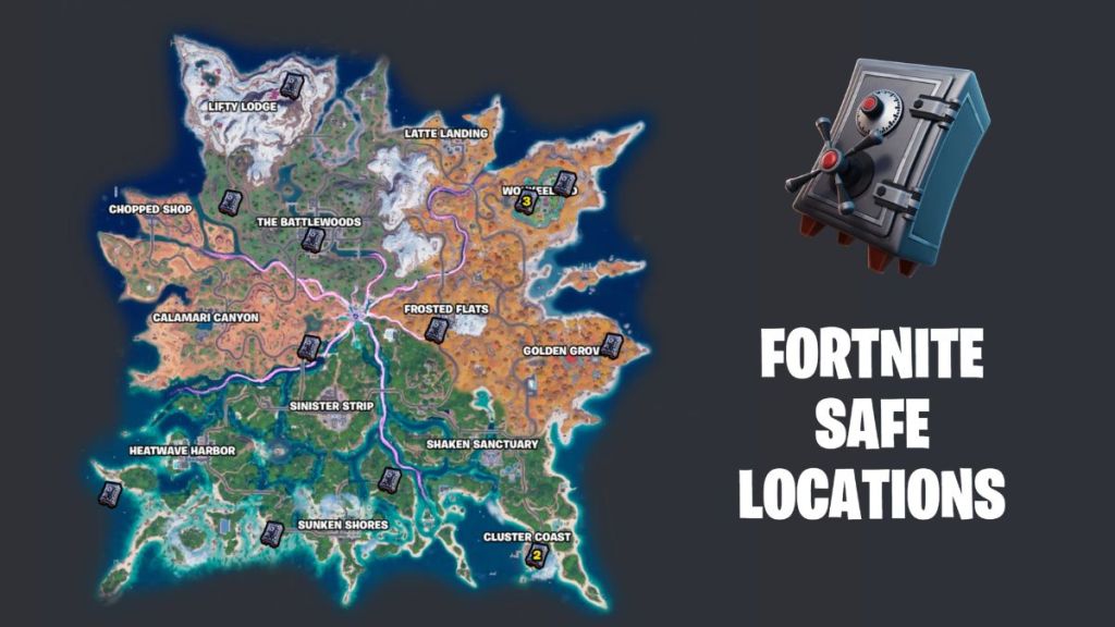 Mapa de Fortnite Capítulo 7 Temporada 3 con las ubicaciones de las cajas fuertes marcadas en él