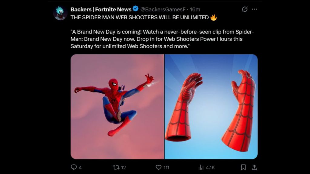 Tuit de BackersFN sobre las horas de energía de Web Shooters en Fortnite