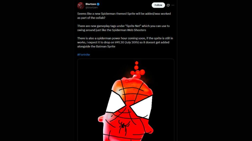Blortzen's X post about upcoming Spider-Man Sprite in Fortnite