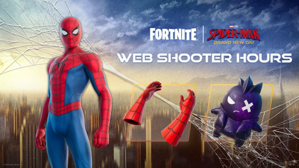 Spider-Man Brand New Day Skin in Fortnite with the Web Shooters and a Cube Punk Sprite