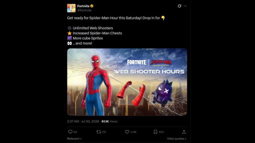 Publicación de Fortnite X sobre el horario de Spider-Man Web Shooters