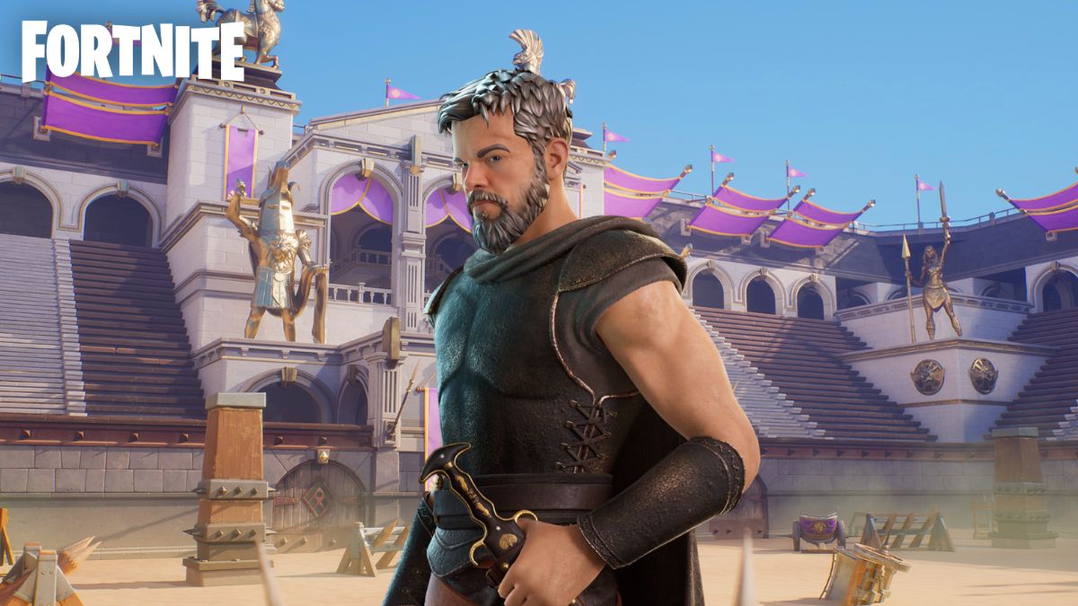 The Odysseus Fortnite skin in front of a gladiator arena