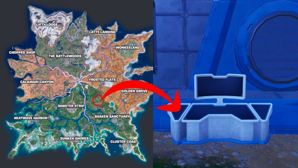 Fortnite Capítulo 7 Temporada 3 con la ubicación de la consola Shape y una imagen de la consola Shape