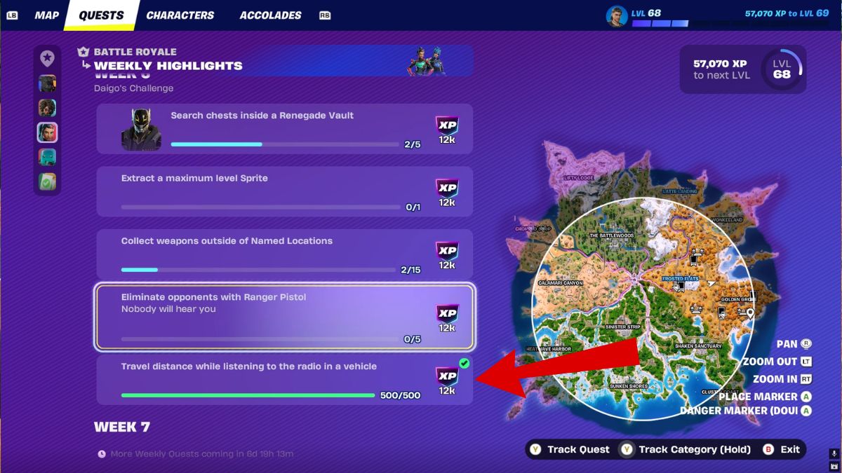 Página de misiones de la temporada 3 del Capítulo 7 de Fortnite con una flecha que resalta la búsqueda de radio del vehículo