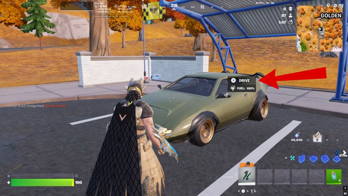 Un vehículo en Fortnite con el mensaje para interactuar y entrar
