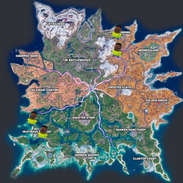 Fortnite Chapter 7 Season 3 map with possible locations of the Vini Jr Sprite