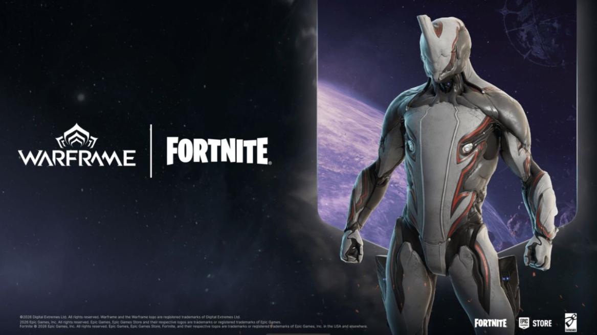 Logos for Warframe and Fortnite with the Excalibur skin