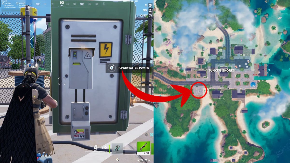 Bombas de agua del pozo de los deseos de Fortnite junto a su ubicación marcada en el mapa del Capítulo 7 Temporada 3