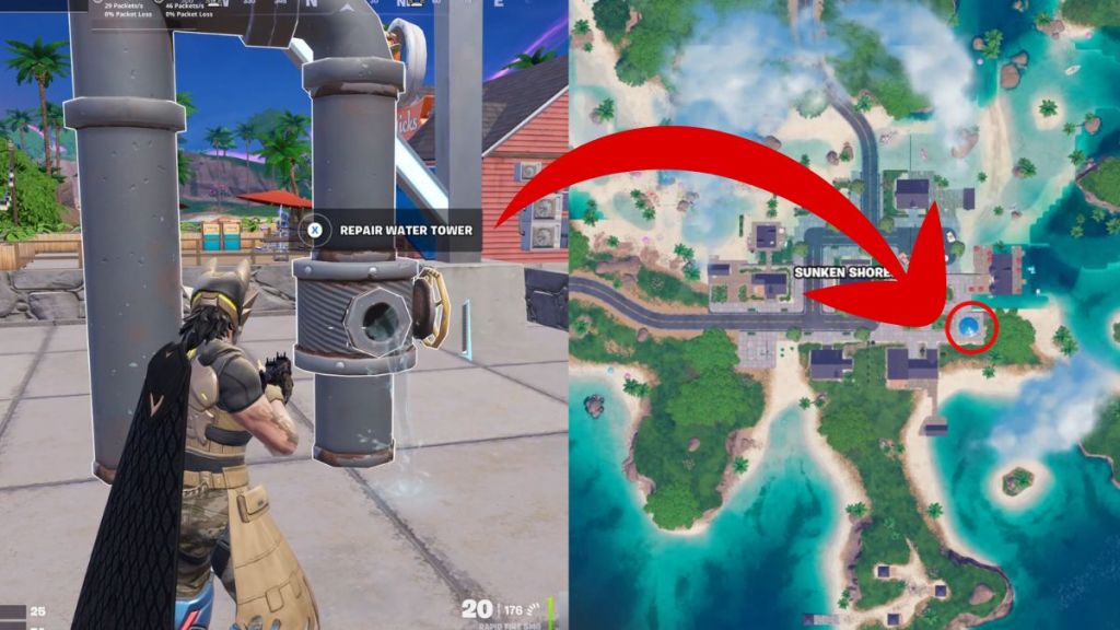 Water Tower map with its location marked on the Fortnite Chapter 7 Season 3 map