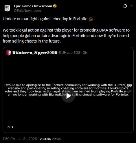 Fortnite bans cheater and releases official statement on X