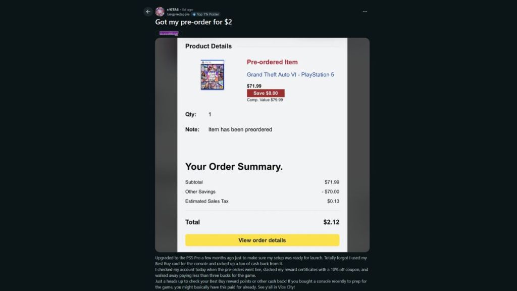 Reddit post by tangyredapple about getting GTA 6 pre-order for $2