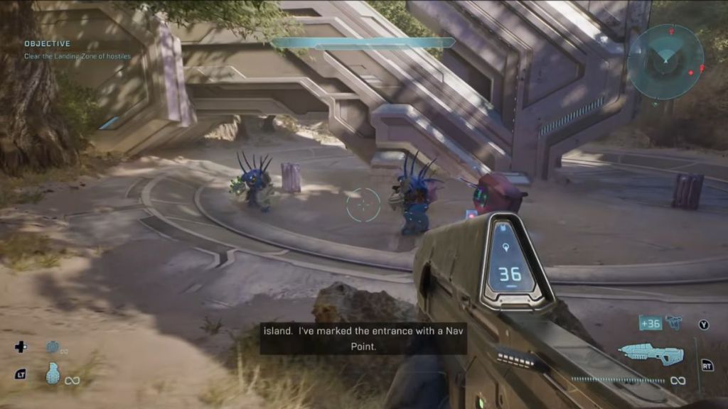 Hunters around a Covenant Structure in Halo Campaign Evolved