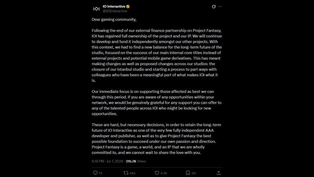IO Interactive Statement for Project Fantasy on X