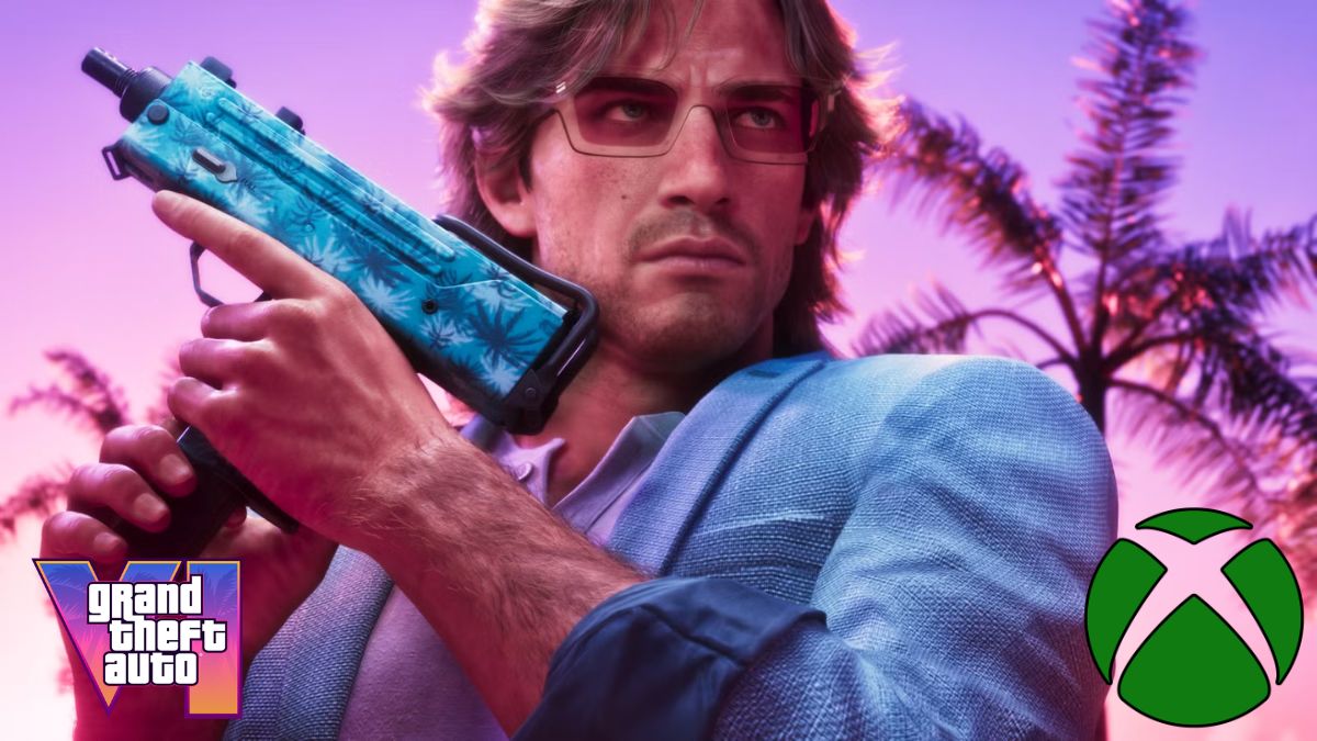 Jason Duval with glasses and a suit in GTA 6 with the logo for GTA 6 and Xbox