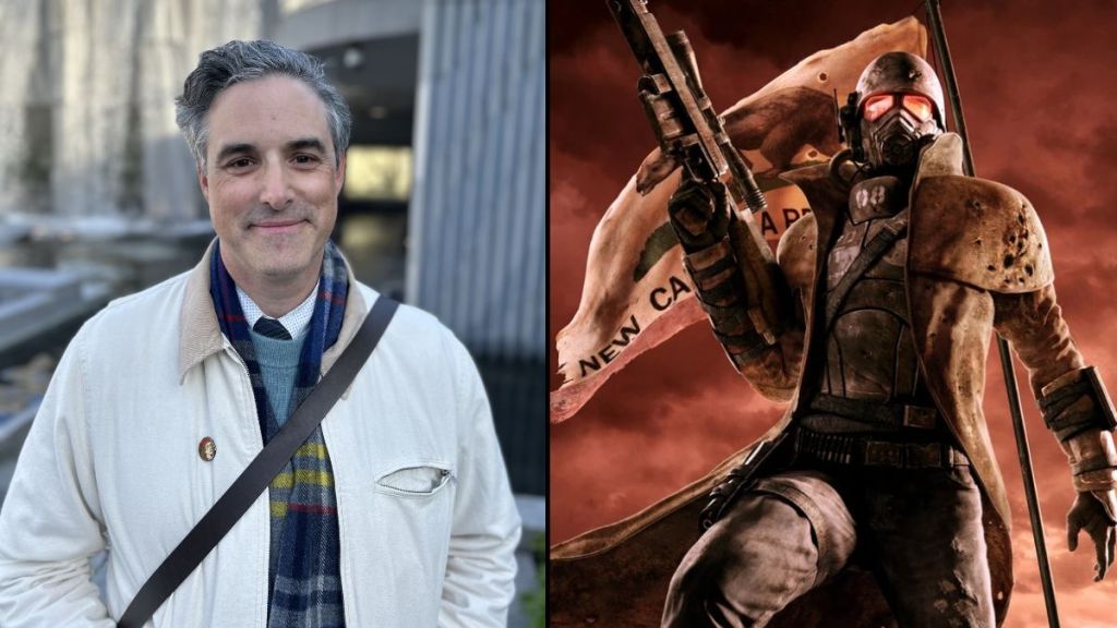 Fallout New Vegas Director Josh Sawyer with artwork for the game