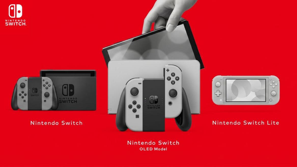 Nintendo Switch, Nintendo Switch OLED, and Nintendo Switch Lite in black and white