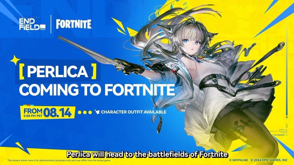 Official announcement for the Fortnite Arknights Endfield Collab featuring Perlica will go live on August 14, 2026