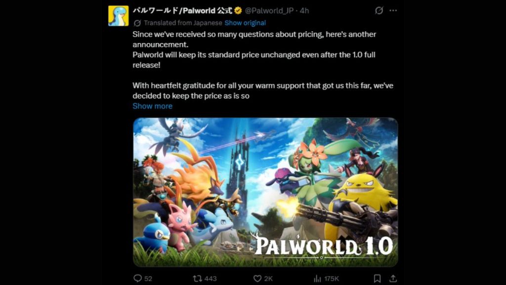 Palworld X post about price staying the same for 1.0 update