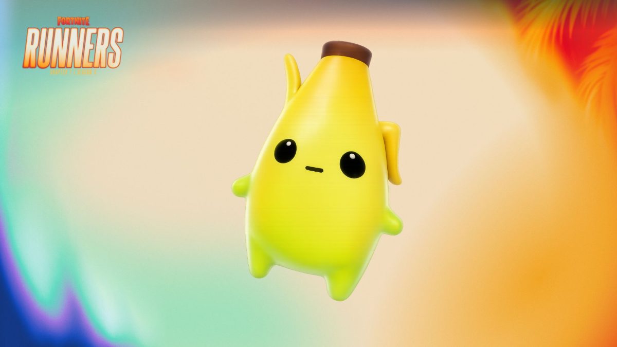 Peely Sprite In Fortnite On a Colorful Background With Logo