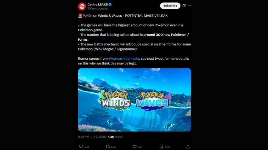 CentroLeaks report about 300 new Pokemon in Pokemon Winds and Waves