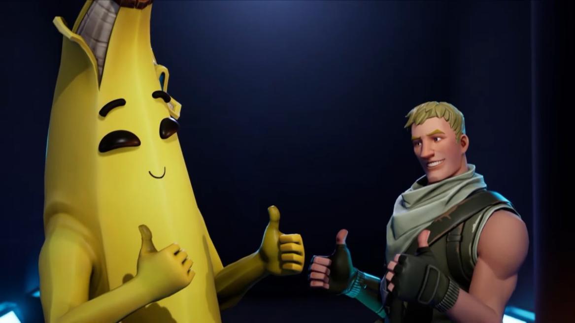 Peely and Jonesy in Fortnite giving thumbs up to each other