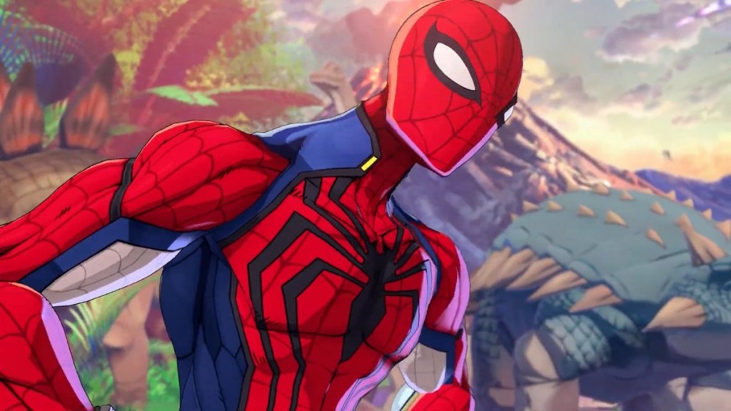 Spider-Man's winning pose in Marvel Tokon Fighting Souls.