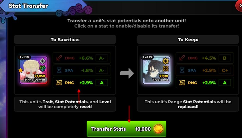 Stat Transfer from units in Anime Expeditions