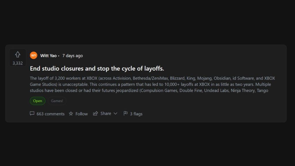 Xbox Layoffs Player Voice Protest Post by Witt Yao