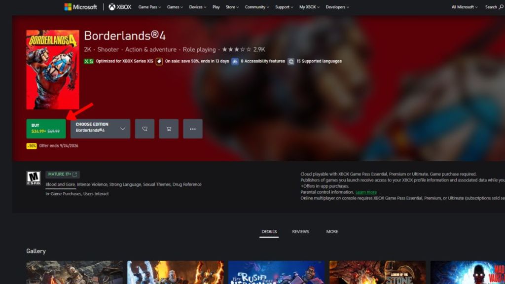 Xbox page with Borderlands 4 on discount
