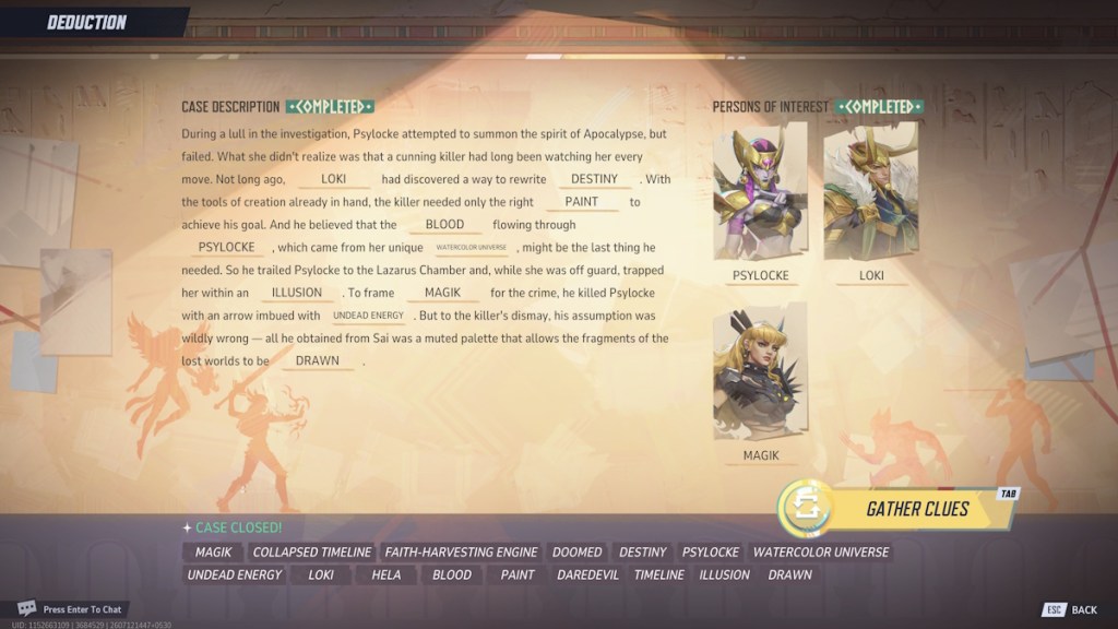 all answers for Death of Psylocke mystery in Marvel Rivals