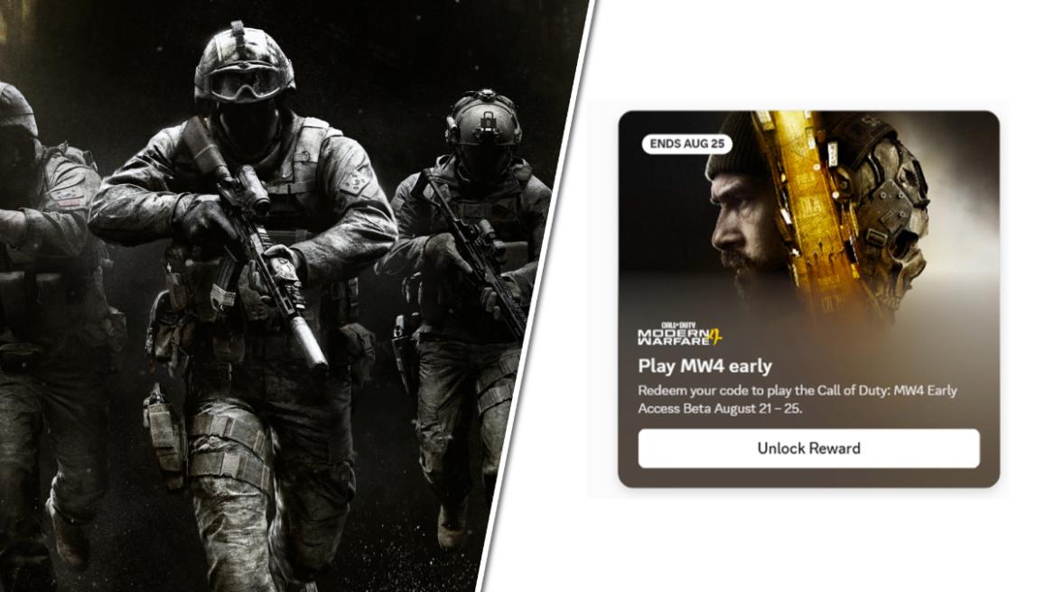 Call of Duty Modern Warfare 4 covr image featuring a group of soldiers (left), the Modern Warfare 4 Beta Discord Nitro promotion on the 'Nitro Home' tab (right).