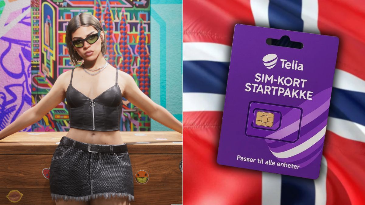 Lucia from GTA 6 and Telia Mobile Sim in front of Norway Flag