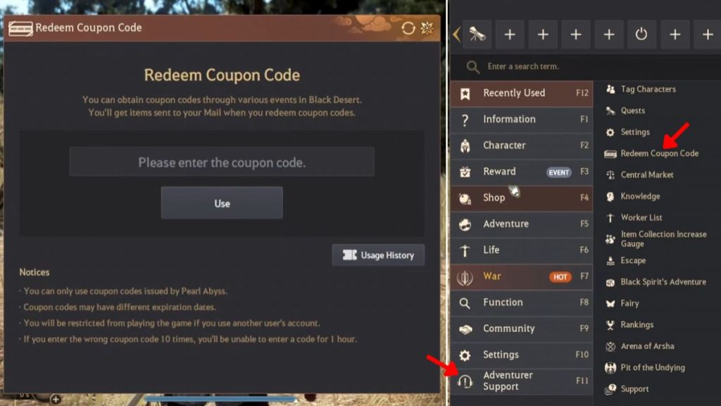 redeem Black Desert Online Codes via game menu