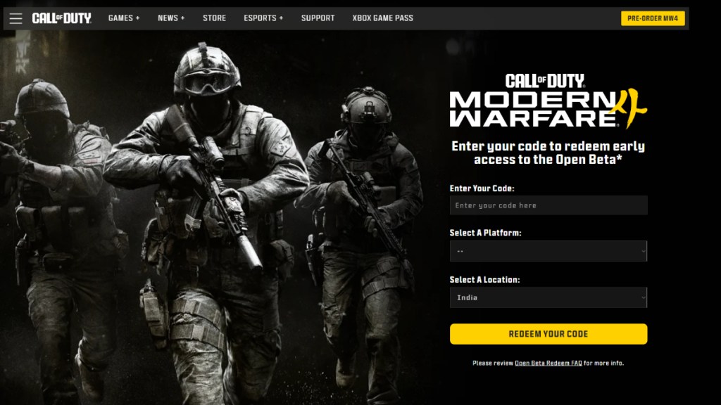 Redeeming the COD MW 4 Open Beta Early Access code from Activision's redemption page.